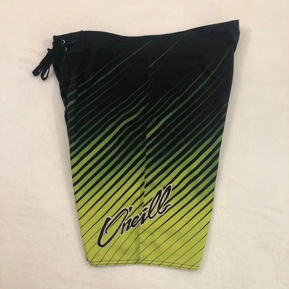 O’Neill Surf Skate Lime Green Striped Pool Board Shorts Swim Trunk Mens Waist 38